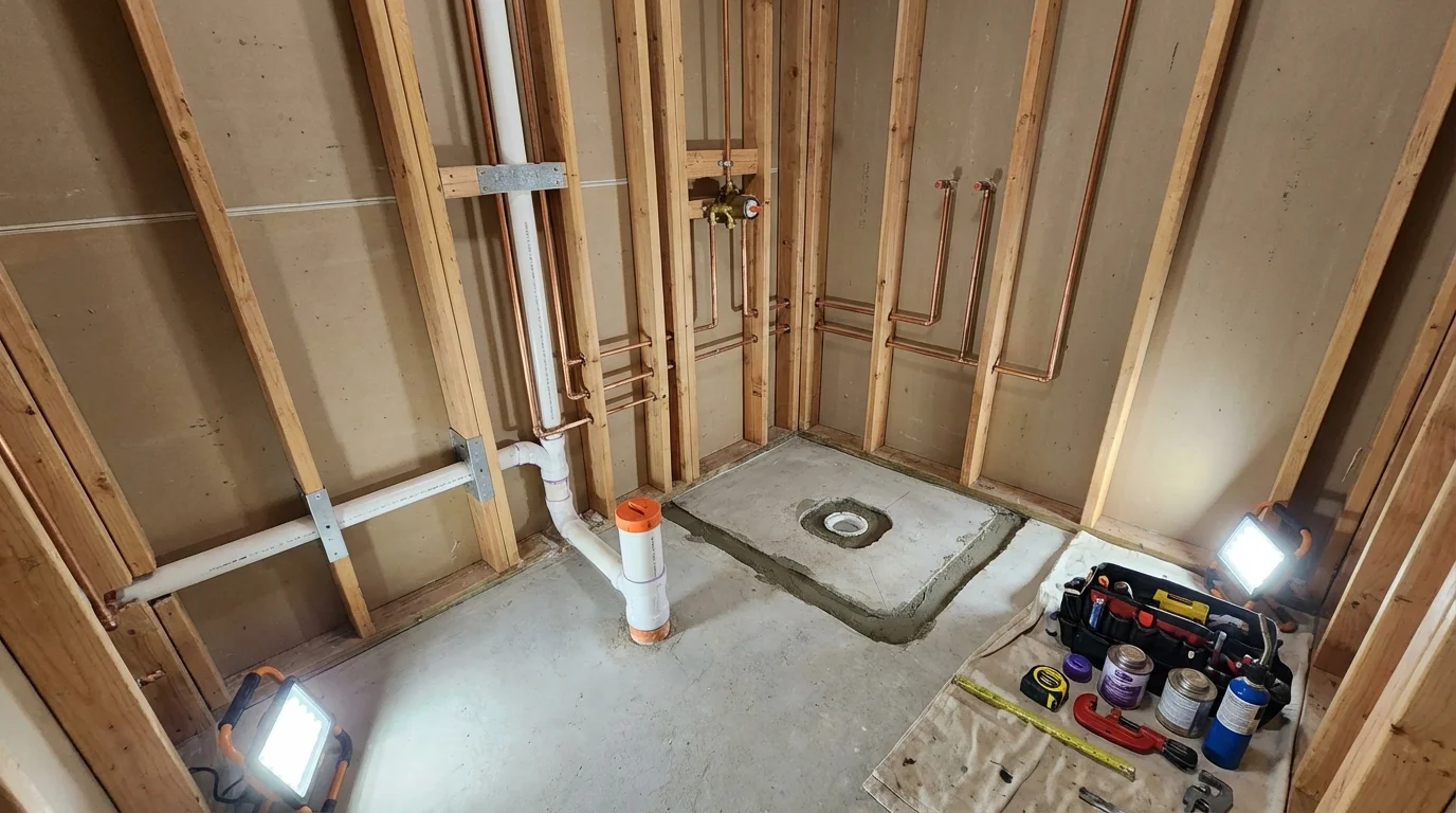 Bathroom rough-in plumbing during remodel by Johns Plumbing LLC in Federalsburg