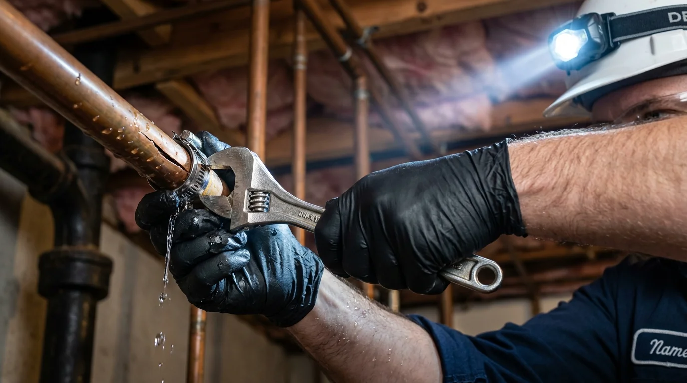 Emergency pipe clamp repair being performed by a Johns Plumbing LLC plumber in Federalsburg