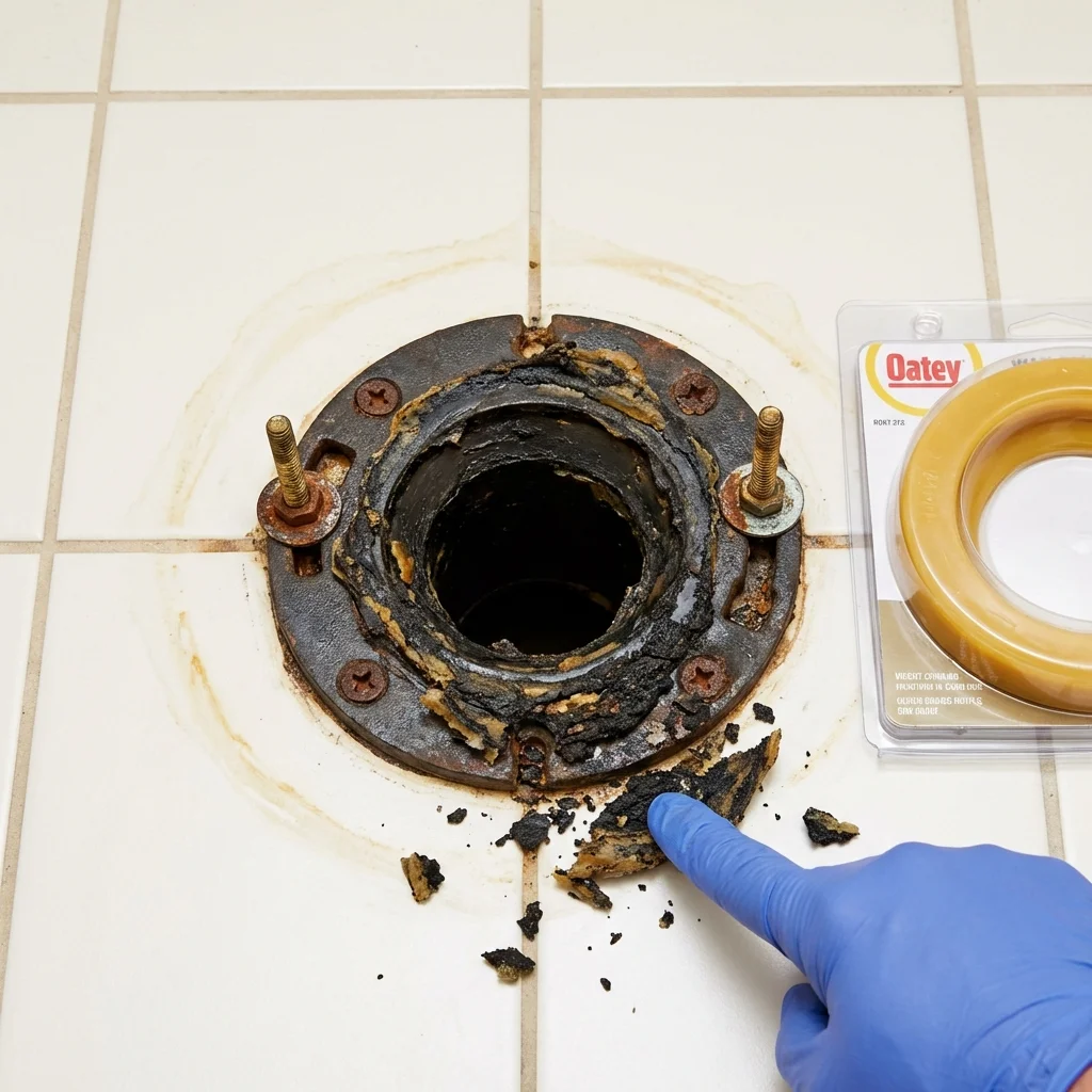 Failed wax ring showing water seepage at the base of a toilet in a Federalsburg, MD home