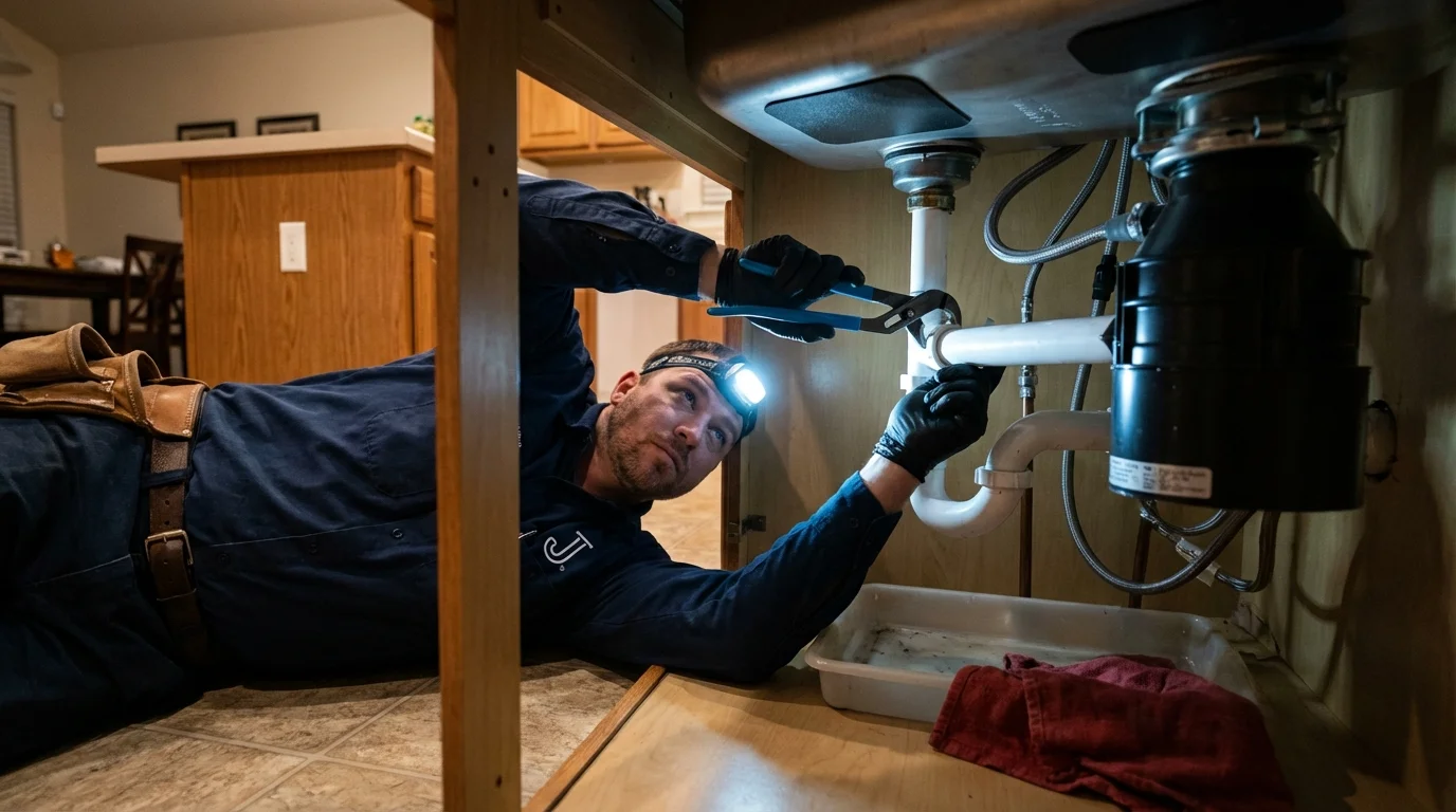 P-trap and supply line connections under a kitchen sink showing a common leak point in Federalsburg, MD